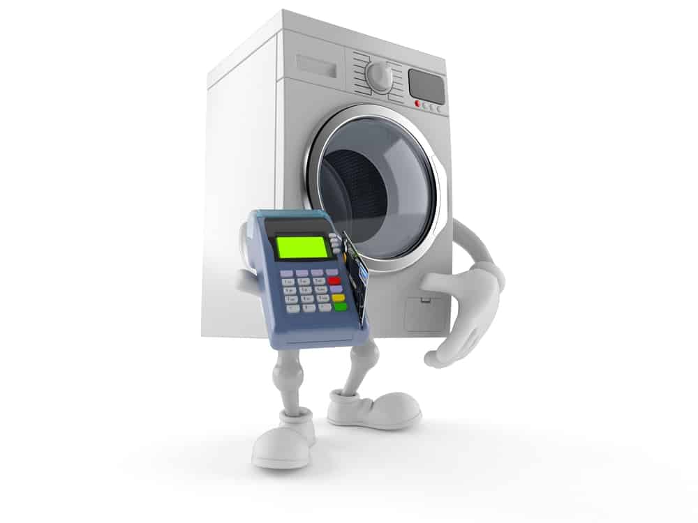 washing machine character holding a credit card reader