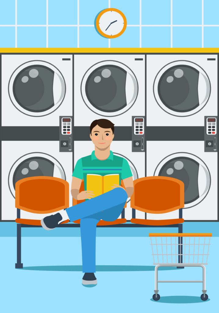 Digital illustration of man reading in laundromat